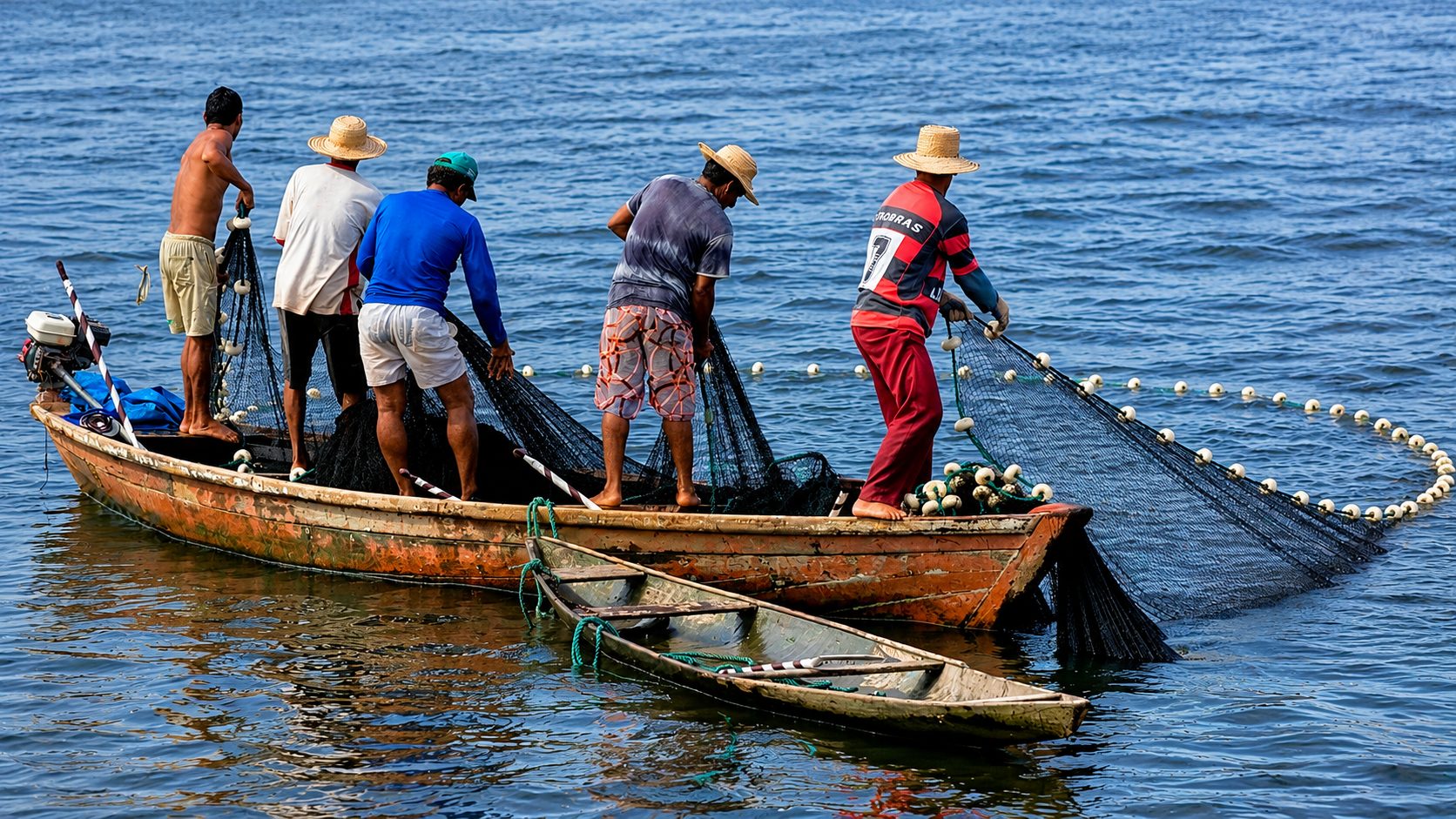 Pescadores artesanais recolhendo a rede de um barco de madeira